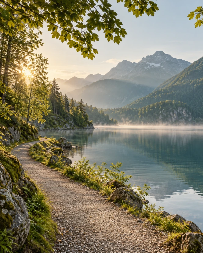 Un chemin de marche entre lac et montagnes